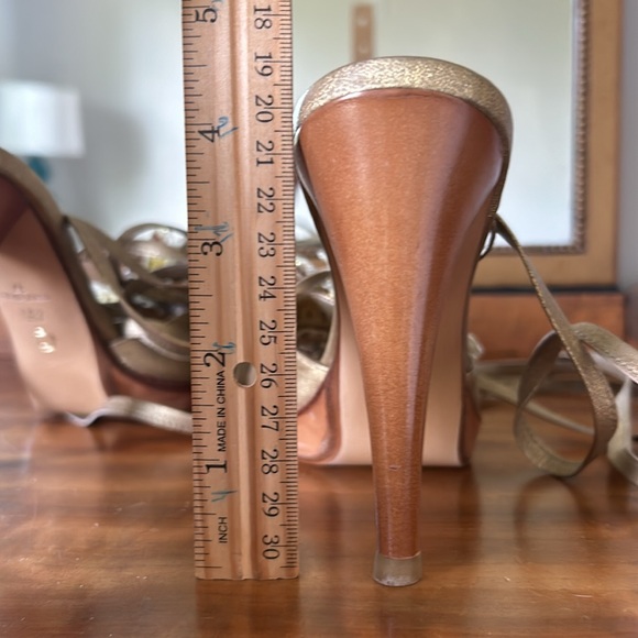 Lace up gold sandals with beaded flower and wood heels. - Picture 8 of 8